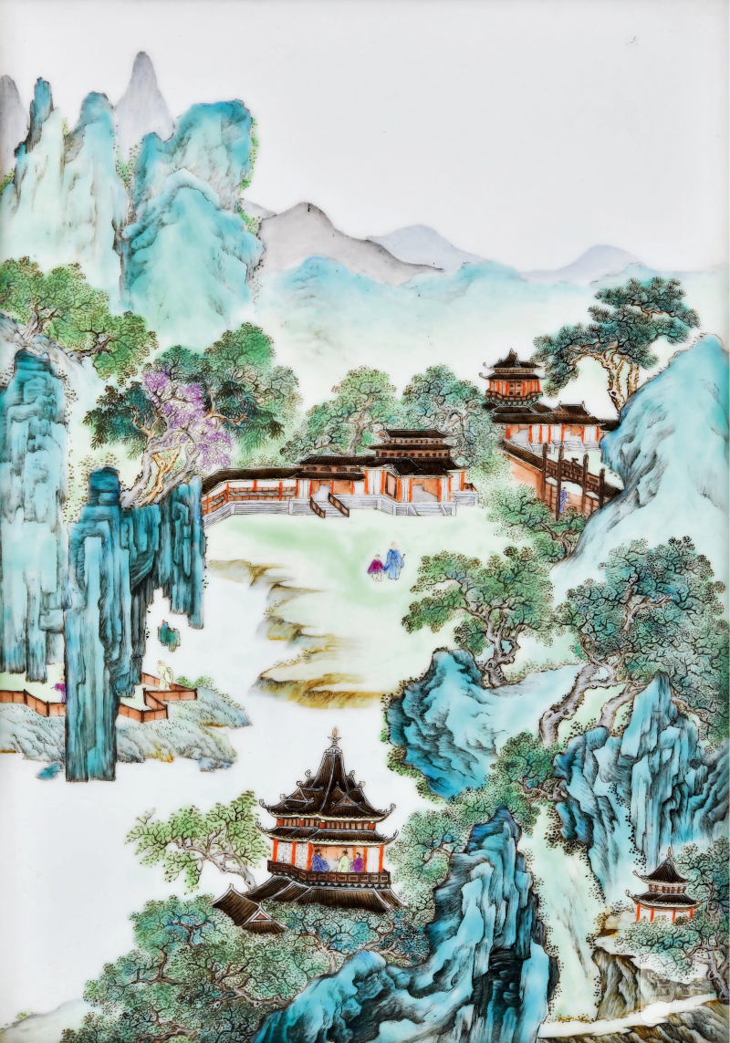 民国 粉彩宋人诗意山水图瓷板 - 图2